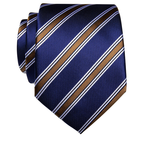 YourTies Navy Blue Golden White Striped Silk Necktie