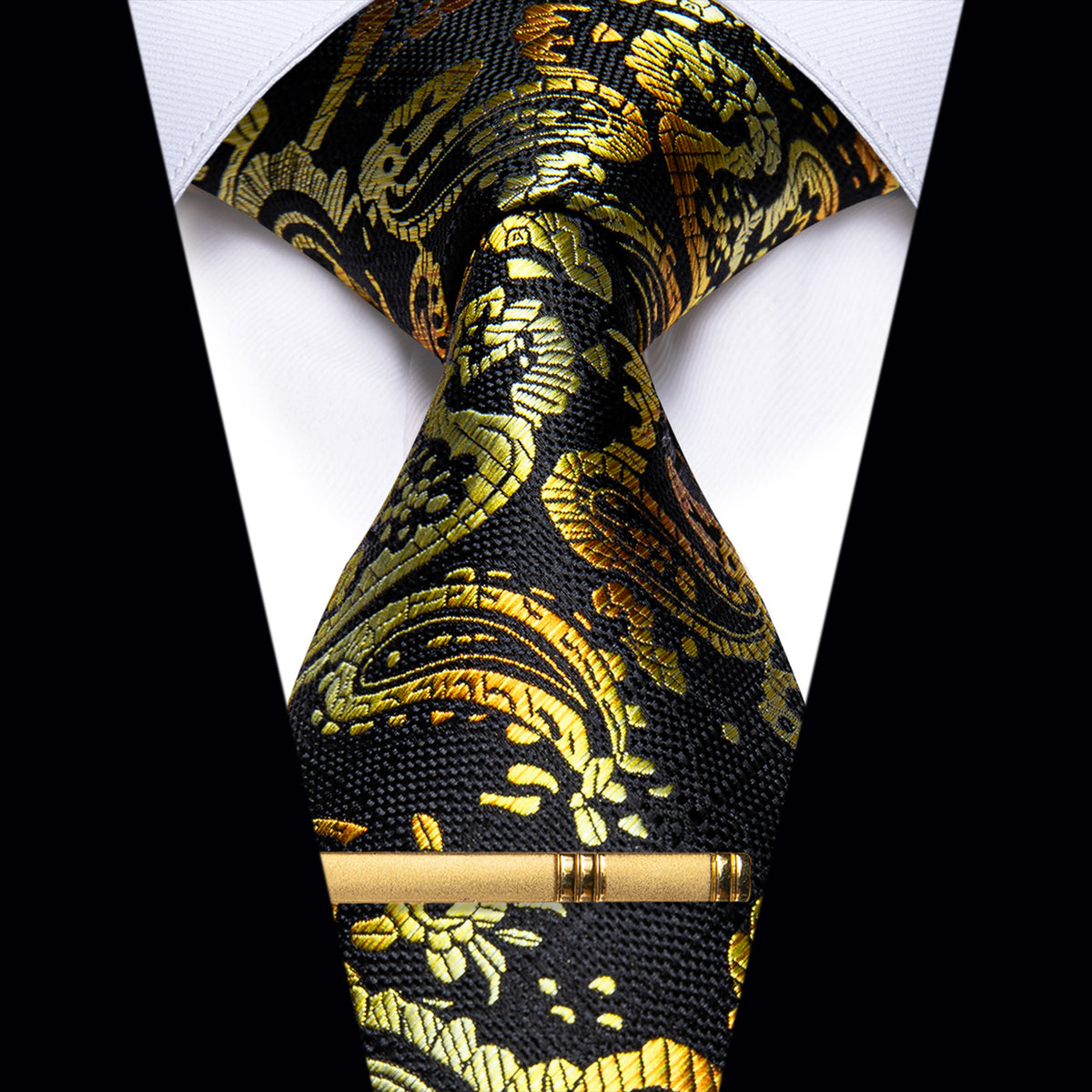 Black Yellow Paisley Silk Necktie with Golden Tie Clip