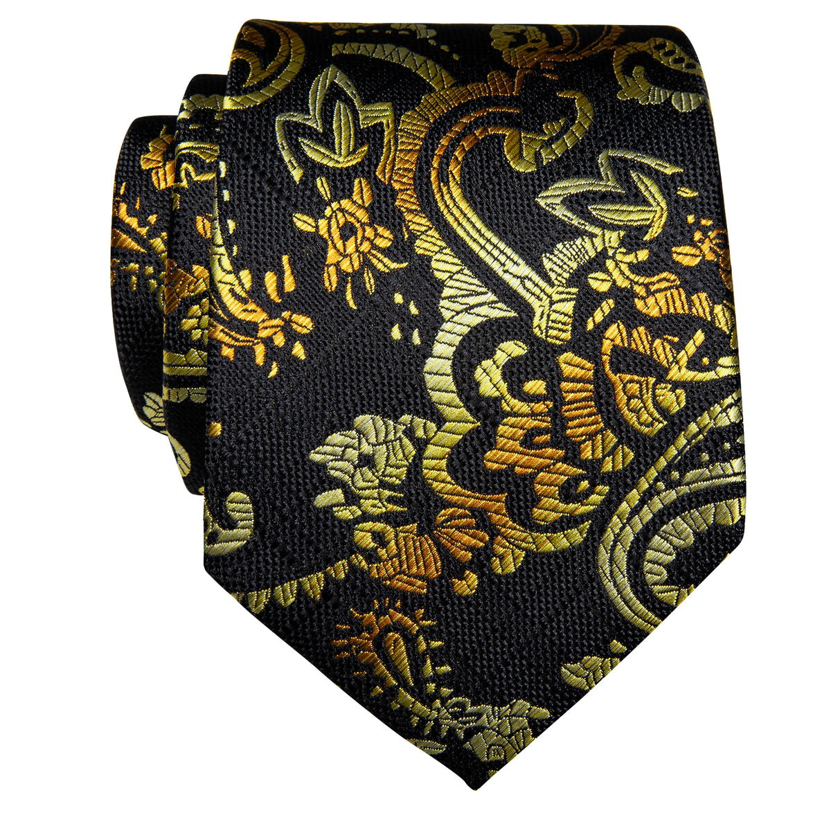 Black Yellow Paisley Silk Necktie with Golden Tie Clip