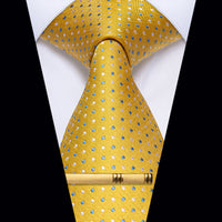Yellow Blue White Plaid Silk Necktie with Golden Tie Clip