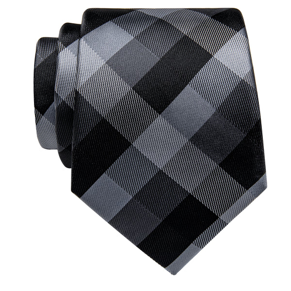 Black Grey Plaid Silk Necktie with Golden Tie Clip