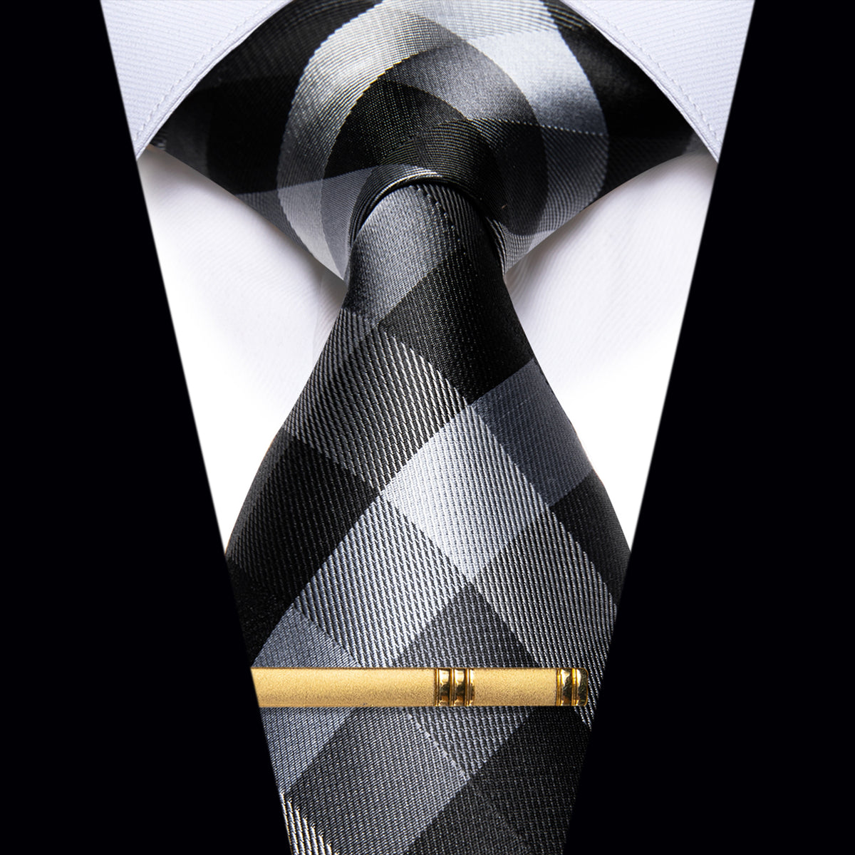 Black Grey Plaid Silk Necktie with Golden Tie Clip