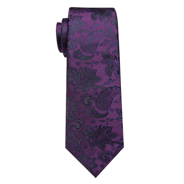 Deep Purple Paisley Silk Single Necktie with Tie Clip
