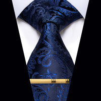 Navy Blue Paisley Silk Necktie with Golden Tie Clip