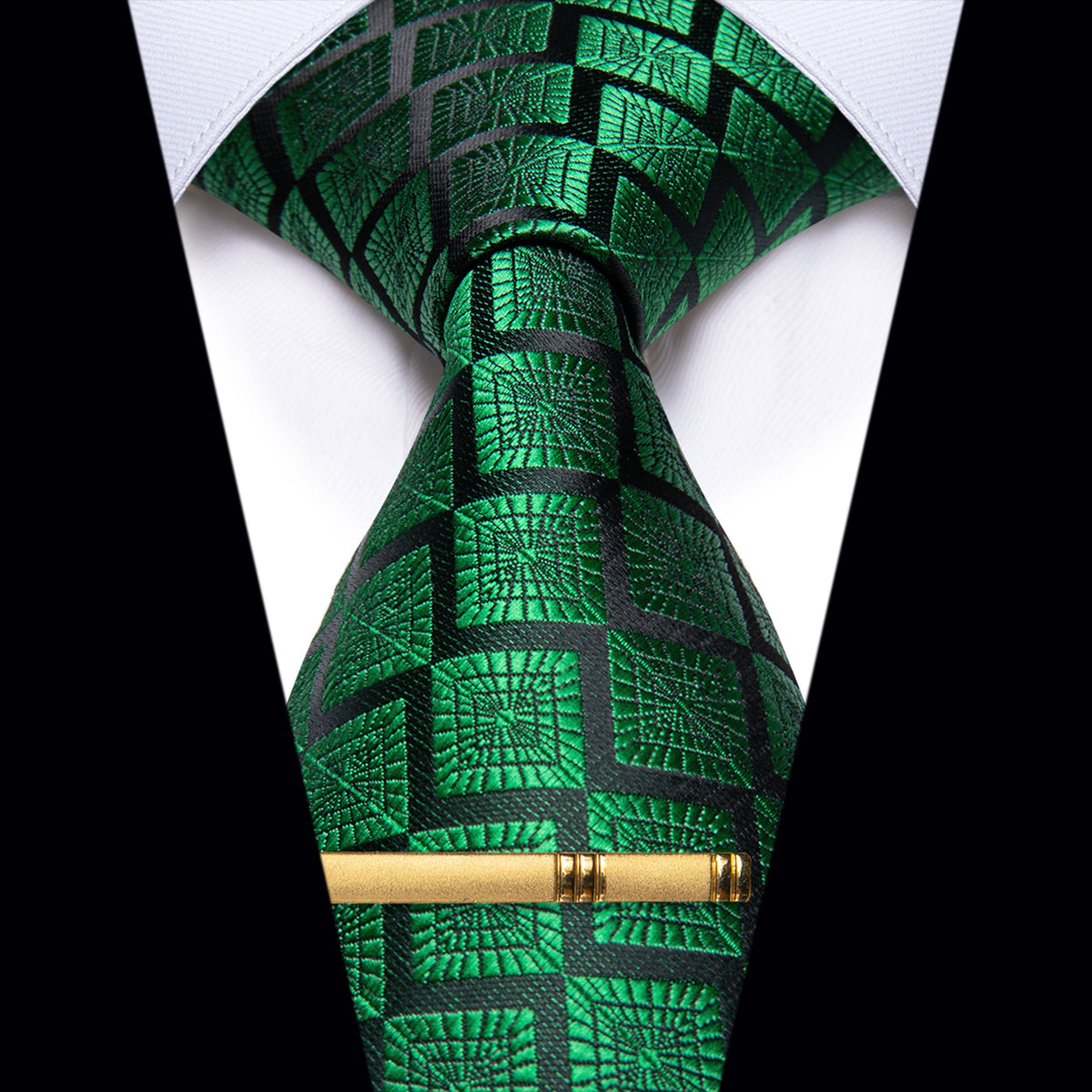 Black Green Plaid Novelty Silk Necktie with Golden Tie Clip