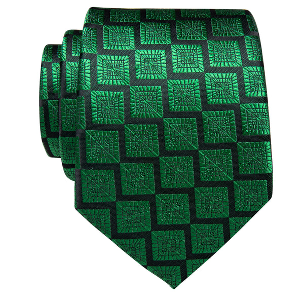 Black Green Plaid Novelty Silk Necktie with Golden Tie Clip