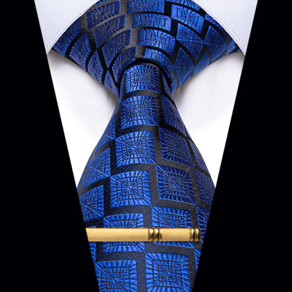 YourTies Black Navy Blue Plaid Novelty Silk Necktie with Golden Clip