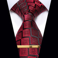 Black Red Plaid Novelty Silk Necktie with Golden Tie Clip