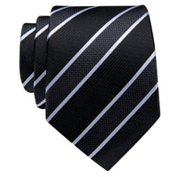 Black White Striped Silk Necktie with Golden Tie Clip