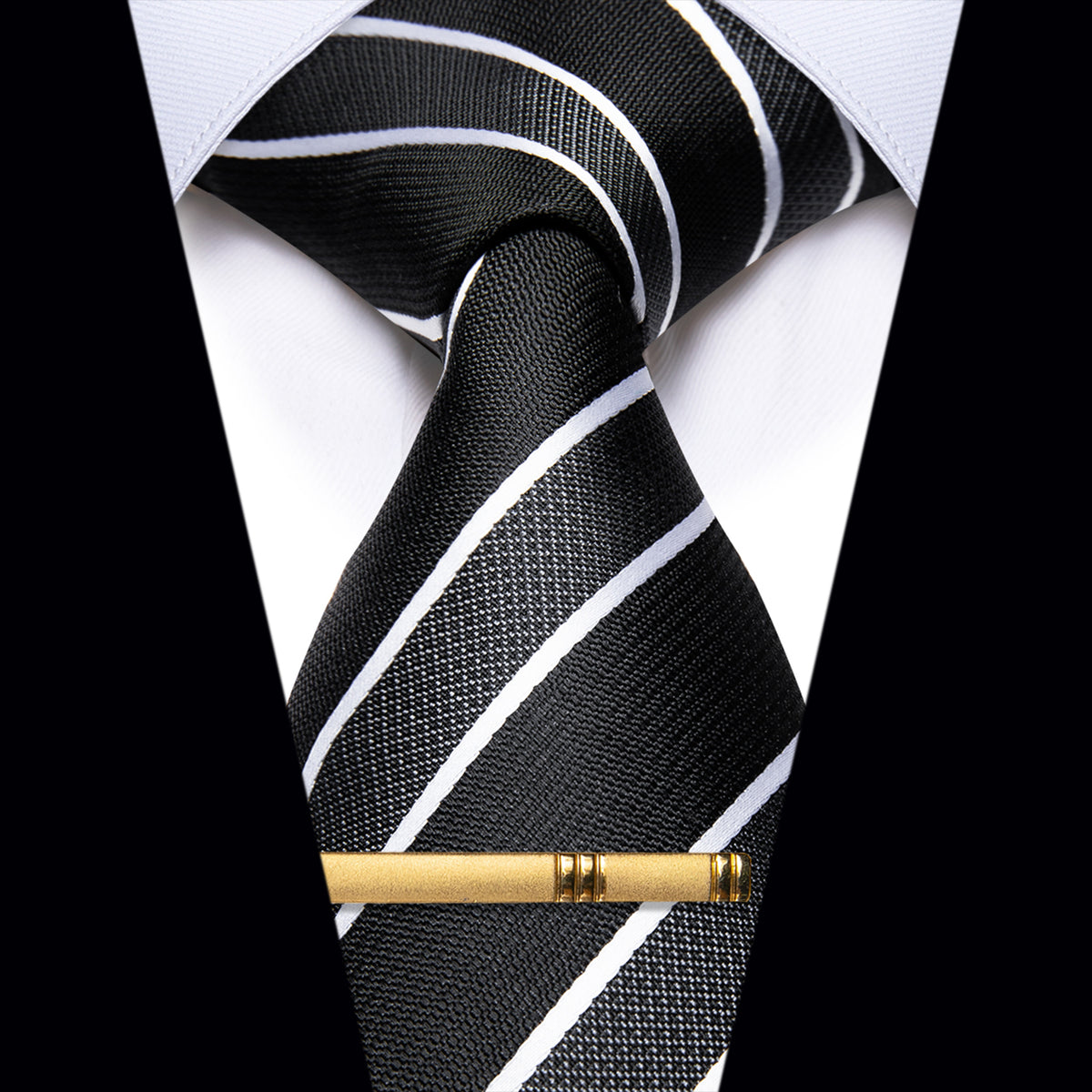 Black White Striped Silk Necktie with Golden Tie Clip