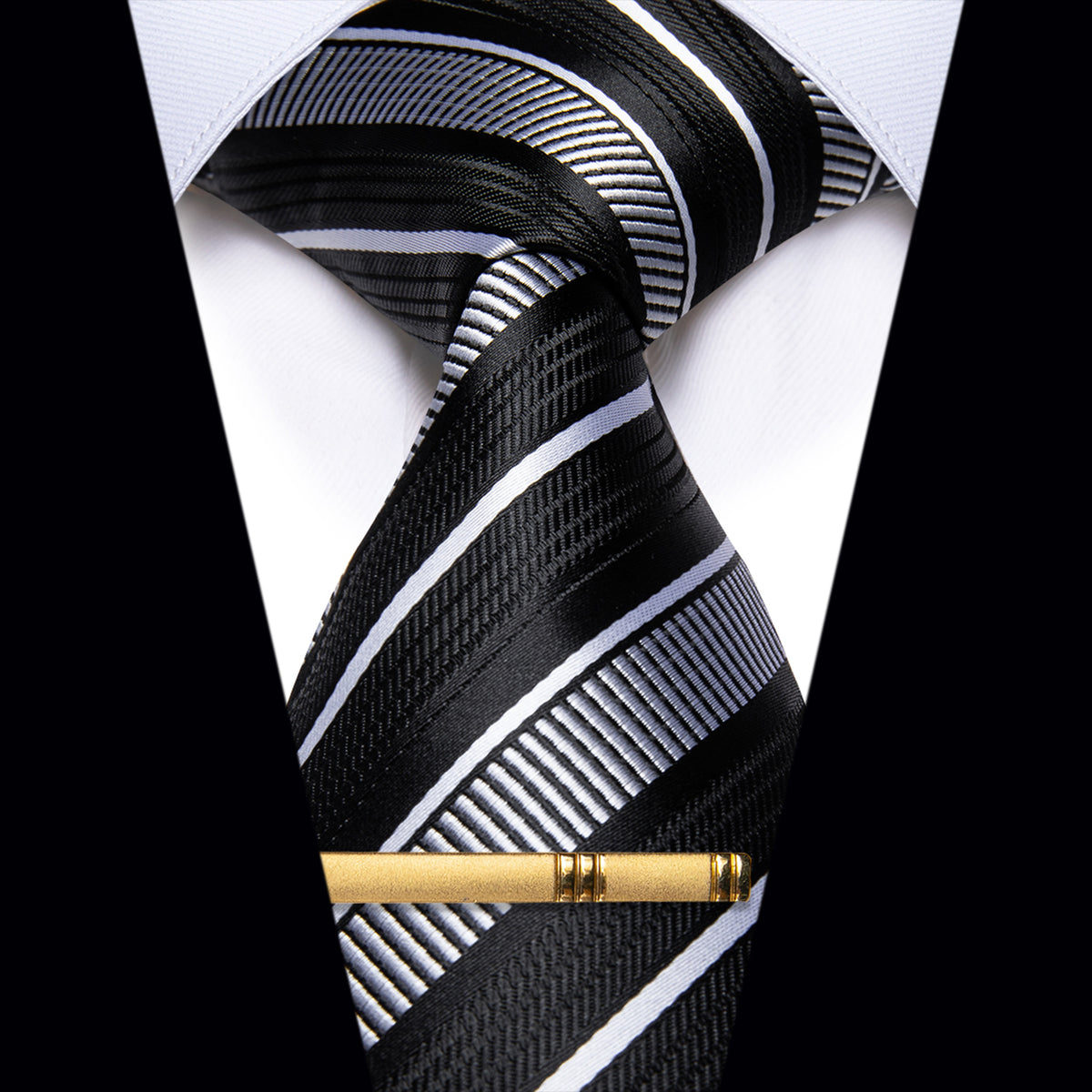 Black Grey White Striped Silk Necktie with Golden Tie Clip