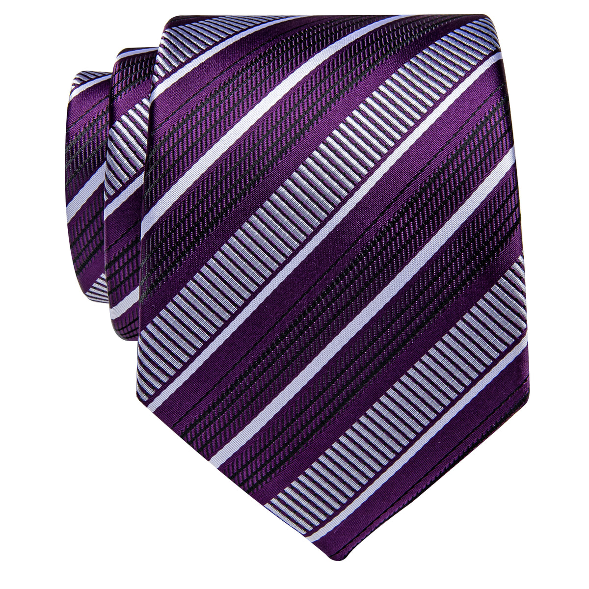 Purple with Black White Striped Silk Necktie with Golden Tie Clip