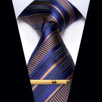 Navy Blue Golden Striped Silk Necktie with Golden Tie Clip
