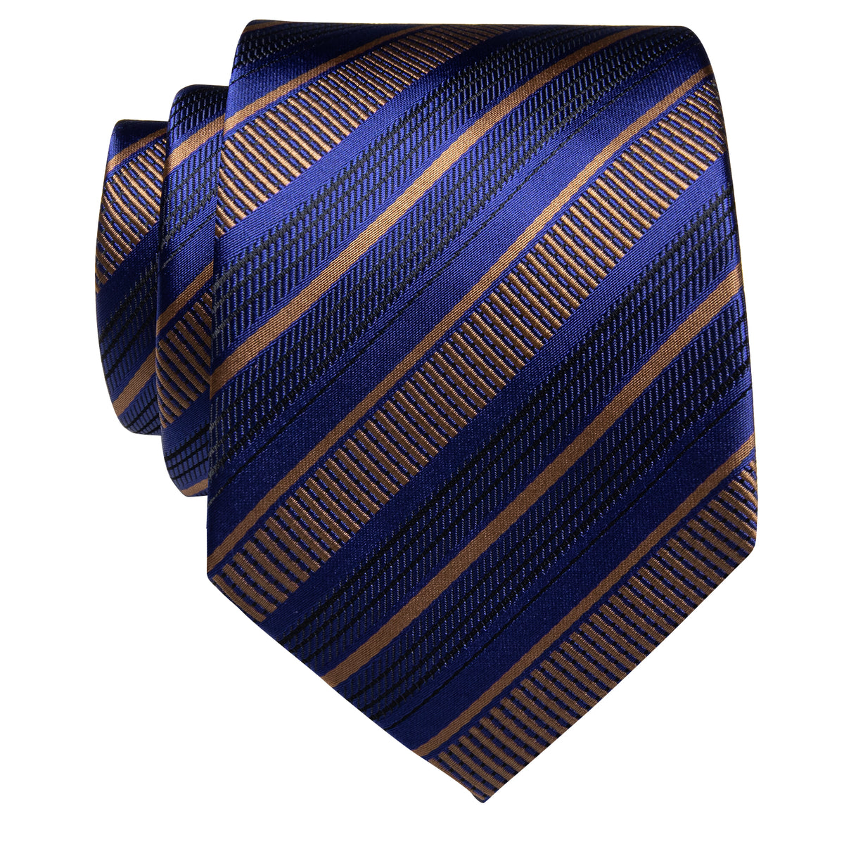 Navy Blue Golden Striped Silk Necktie with Golden Tie Clip