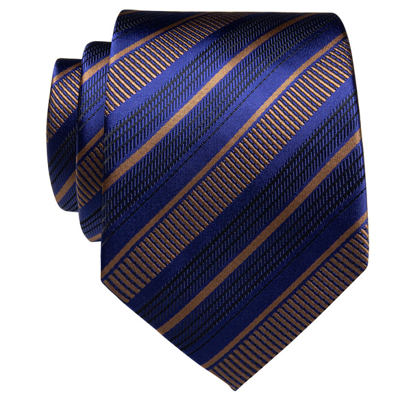YourTies Navy Blue Golden Striped Silk Necktie with Golden Clip