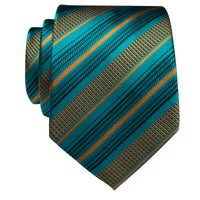 Teal Golden Striped Silk Necktie with Golden Tie Clip