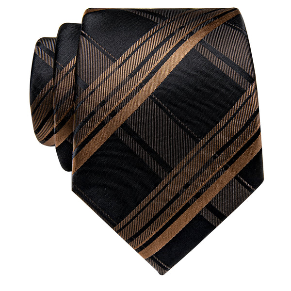 Black Brown Plaid Silk Necktie with Golden Tie Clip