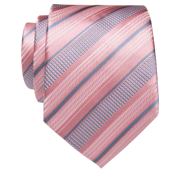 Pink Grey Striped Silk Necktie with Golden Tie Clip