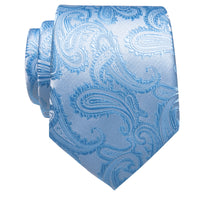 Sky Blue Silver Paisley Silk Necktie with Golden Tie Clip