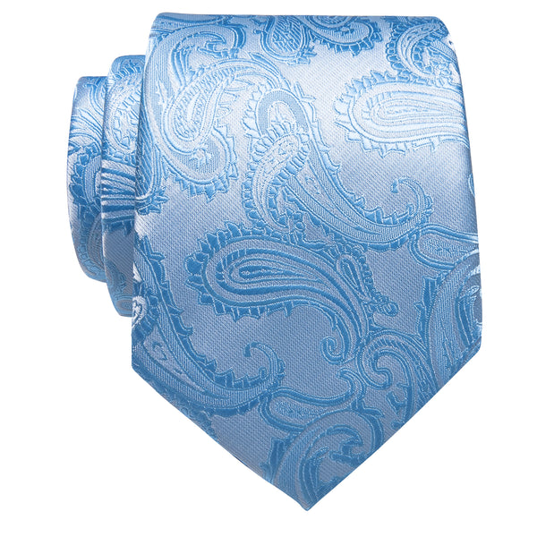 Sky Blue Silver Paisley Silk Necktie with Golden Tie Clip