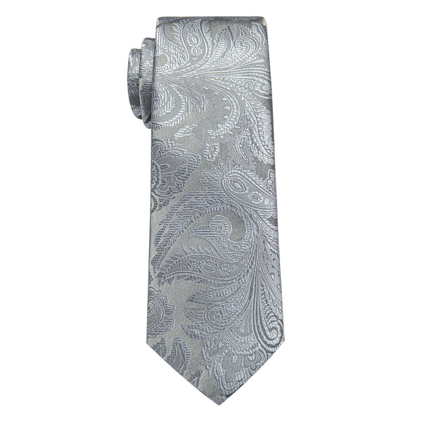 Grey Paisley Silk Necktie with Golden Tie Clip