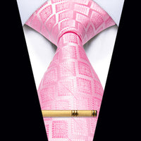 Pink Plaid Novelty Silk Necktie with Golden Tie Clip