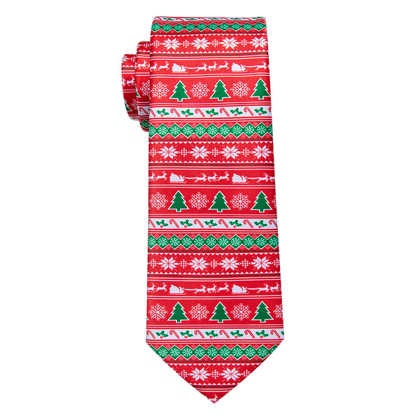 Red Green Christmas Tree Novelty Silk Necktie with Golden Tie Clip