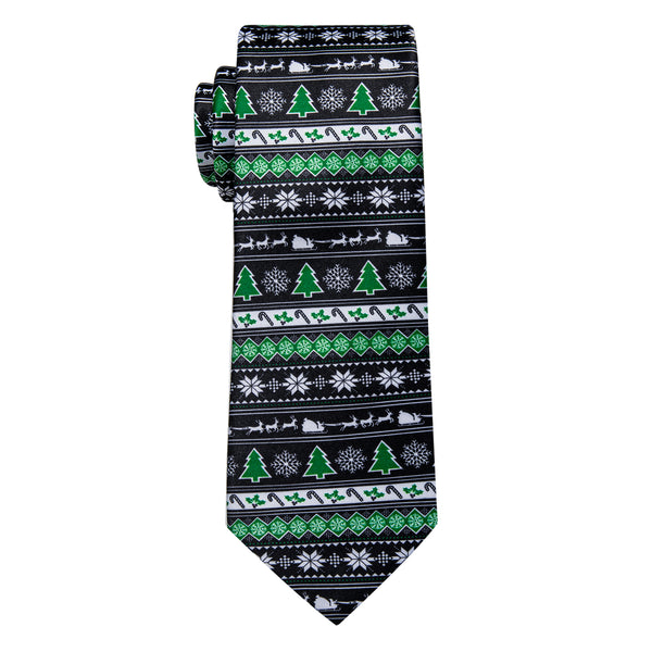 Black Green Christmas Tree Novelty Silk Necktie with Golden Tie Clip