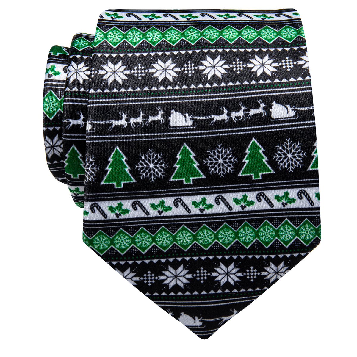 Black Green Christmas Tree Novelty Silk Necktie with Golden Tie Clip