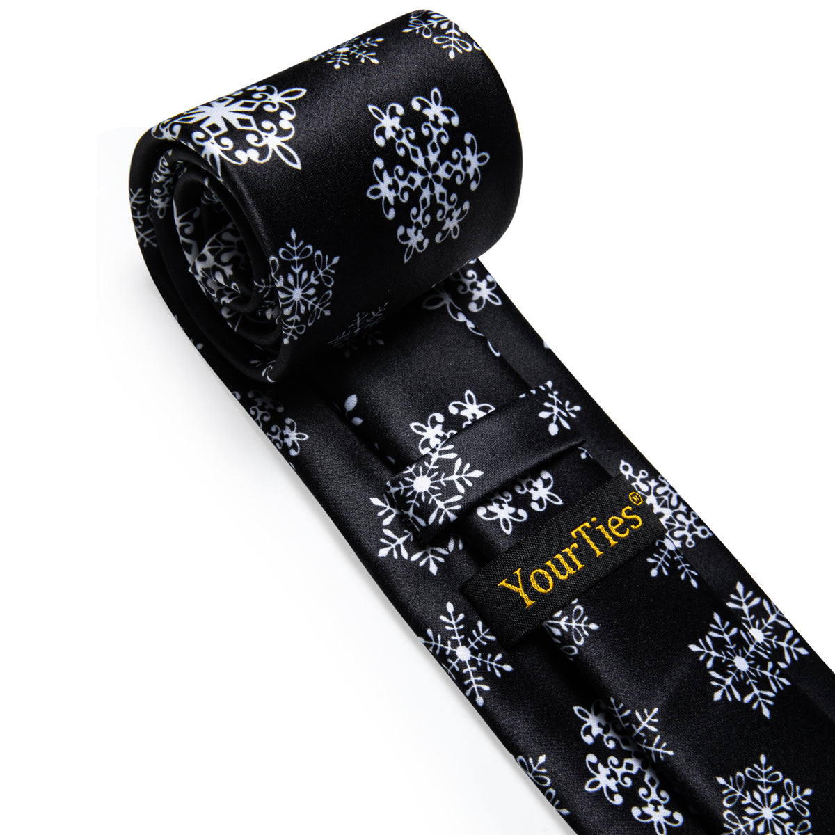 Black White Snowflake Christmas Silk Necktie with Golden Tie Clip