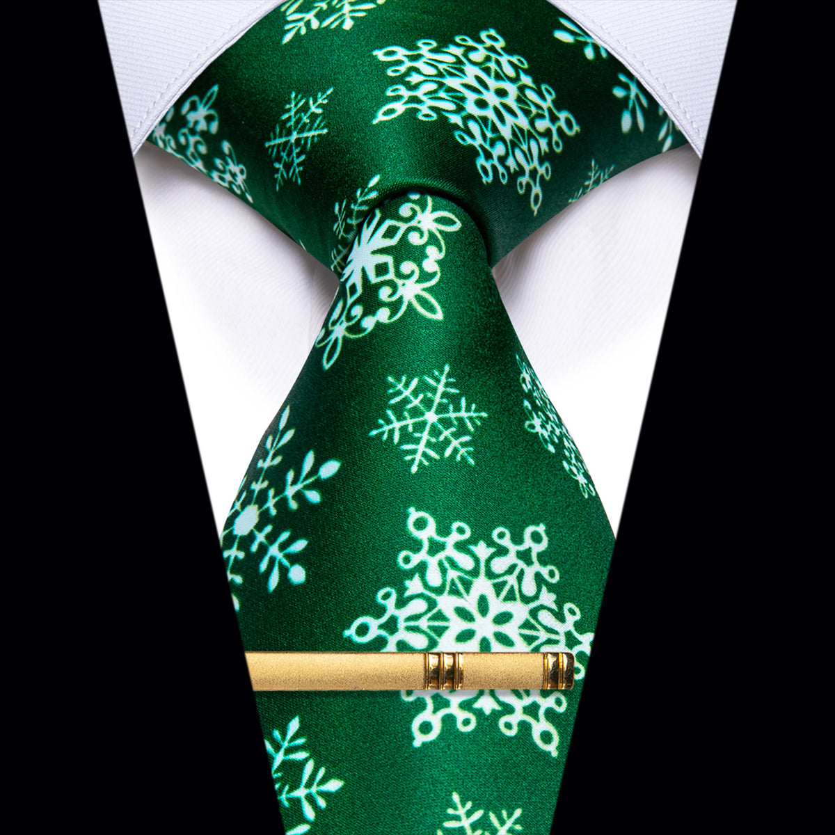 Green White Snowflake Christmas Silk Necktie with Golden Tie Clip