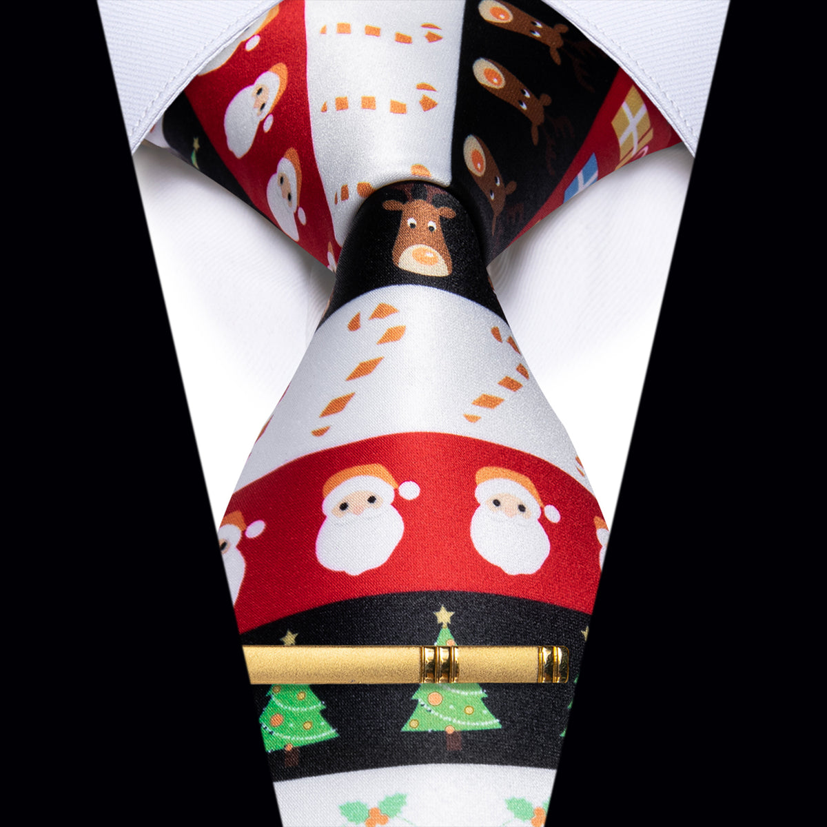 White Red Green Novelty Christmas Silk Necktie with Golden Tie Clip