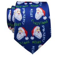Blue Santa Claus Christmas Silk Necktie with Golden Tie Clip