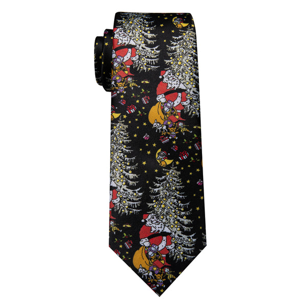 Black White Novelty Christmas Silk Necktie with Golden Tie Clip