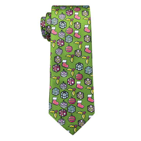 Green Novelty Christmas Silk Necktie with Golden Tie Clip
