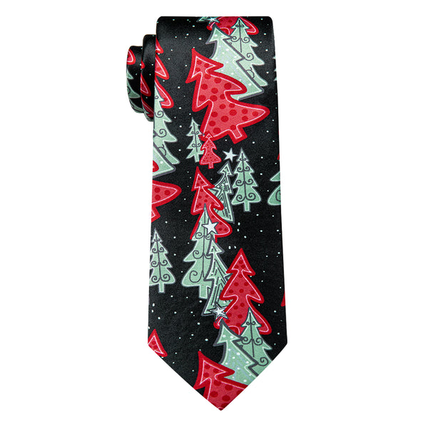 Black Colorful Christmas Tree Silk Necktie with Golden Tie Clip