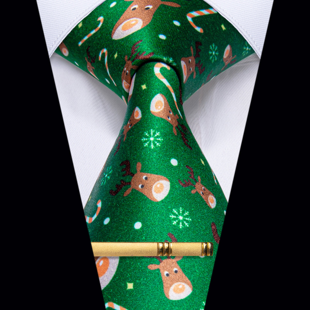 Green Christmas Elk Silk Necktie with Golden Tie Clip