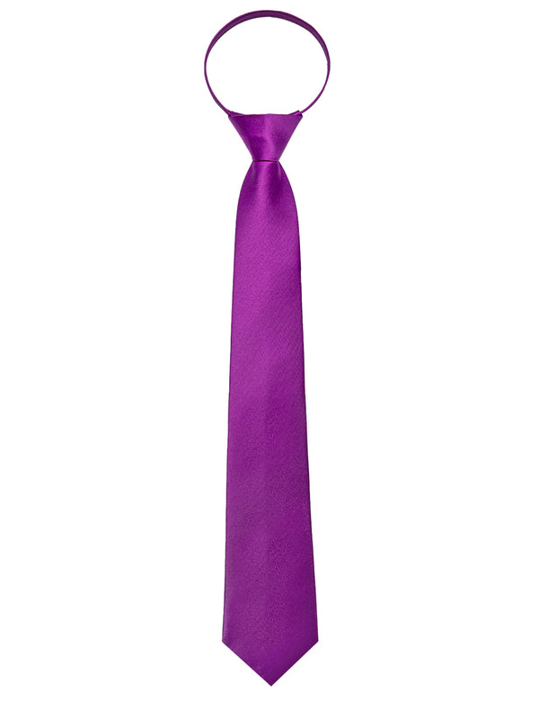 Purple Solid Silk Adjustable Zipper Pre-tied Necktie Pocket Square Set