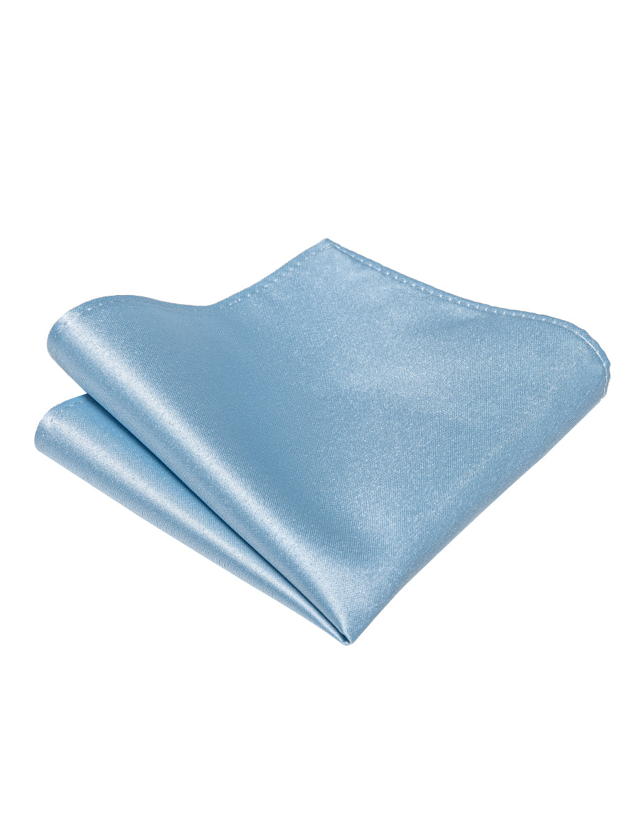 Baby Blue Solid Silk Adjustable Zipper Pre-tied Necktie Pocket Square Set