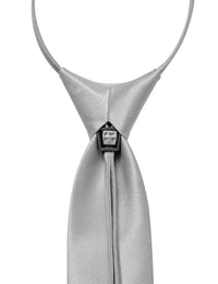 Grey Solid Silk Adjustable Zipper Pre-tied Necktie Pocket Square Set
