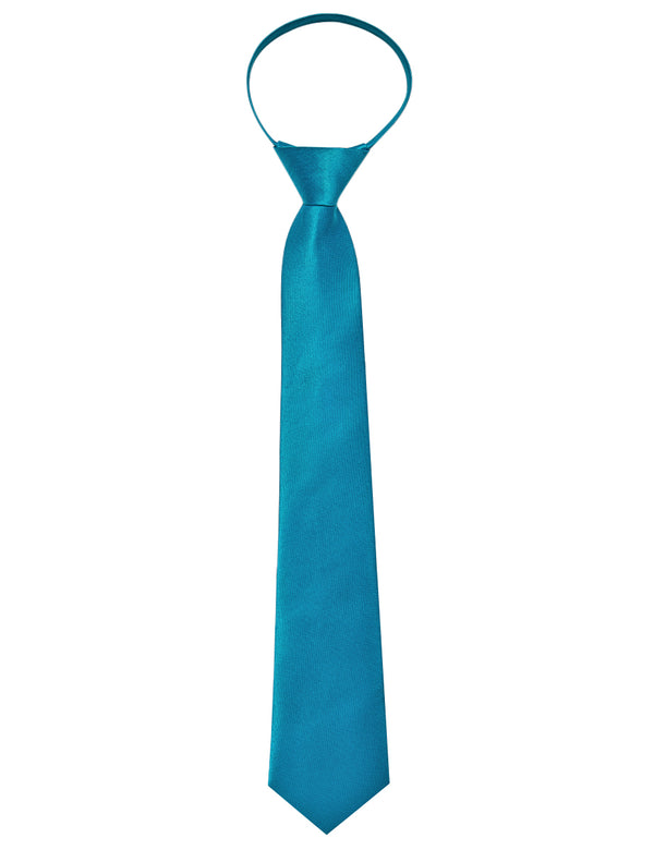 Lake Blue Solid Silk Adjustable Zipper Pre-tied Necktie Pocket Square Set