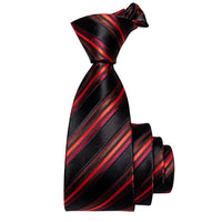Black Red Striped Skinny Necktie with Silver Tie Clip