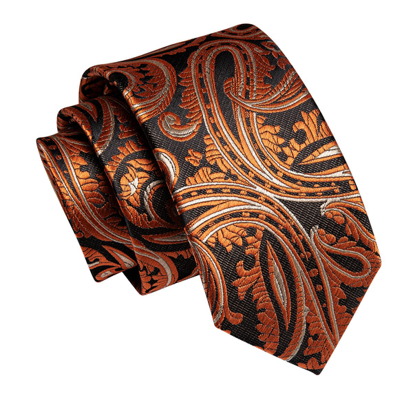 Brown Orange Paisley Skinny Necktie with Silver Tie Clip