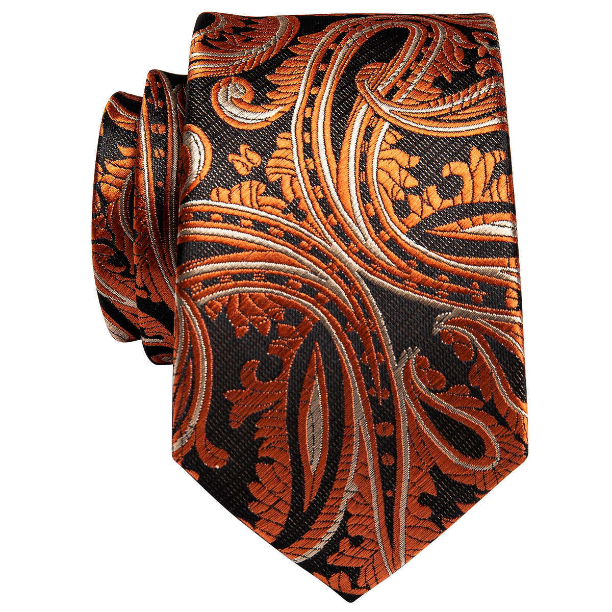 Brown Orange Paisley Skinny Necktie with Silver Tie Clip