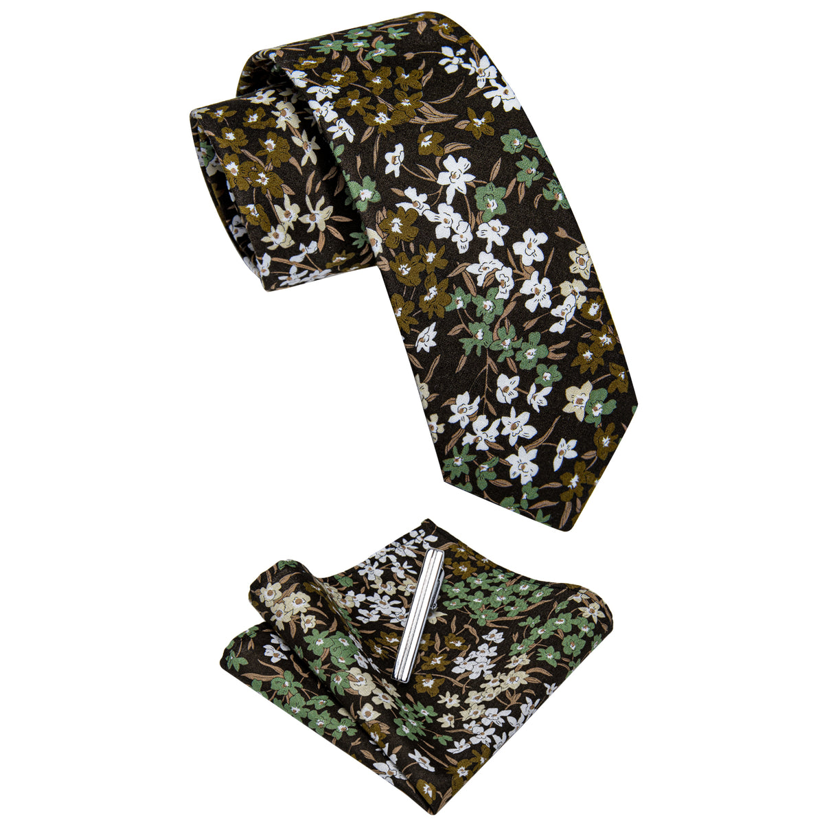 Green Brown Mixed Skinny Tie Set with Tie Clip