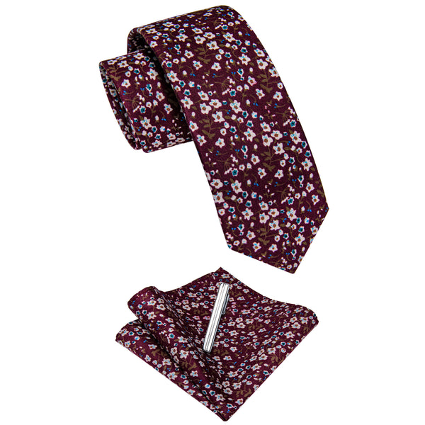 Red Floral Printed Skinny Tie Set with Tie Clip