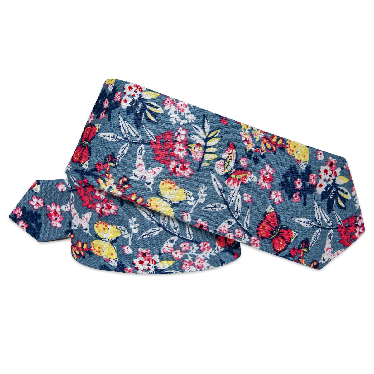 Blue Floral Printed Skinny Tie Set with Tie Clip