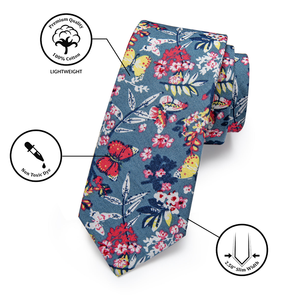 YourTies Sky Blue Tie Red Floral Printed Tie with Clip Set 6.35cm