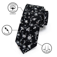 Black Sliver Floral Printed Skinny Tie Set with Tie Clip