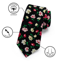 Black Red Floral Printed Skinny Tie Set with Tie Clip